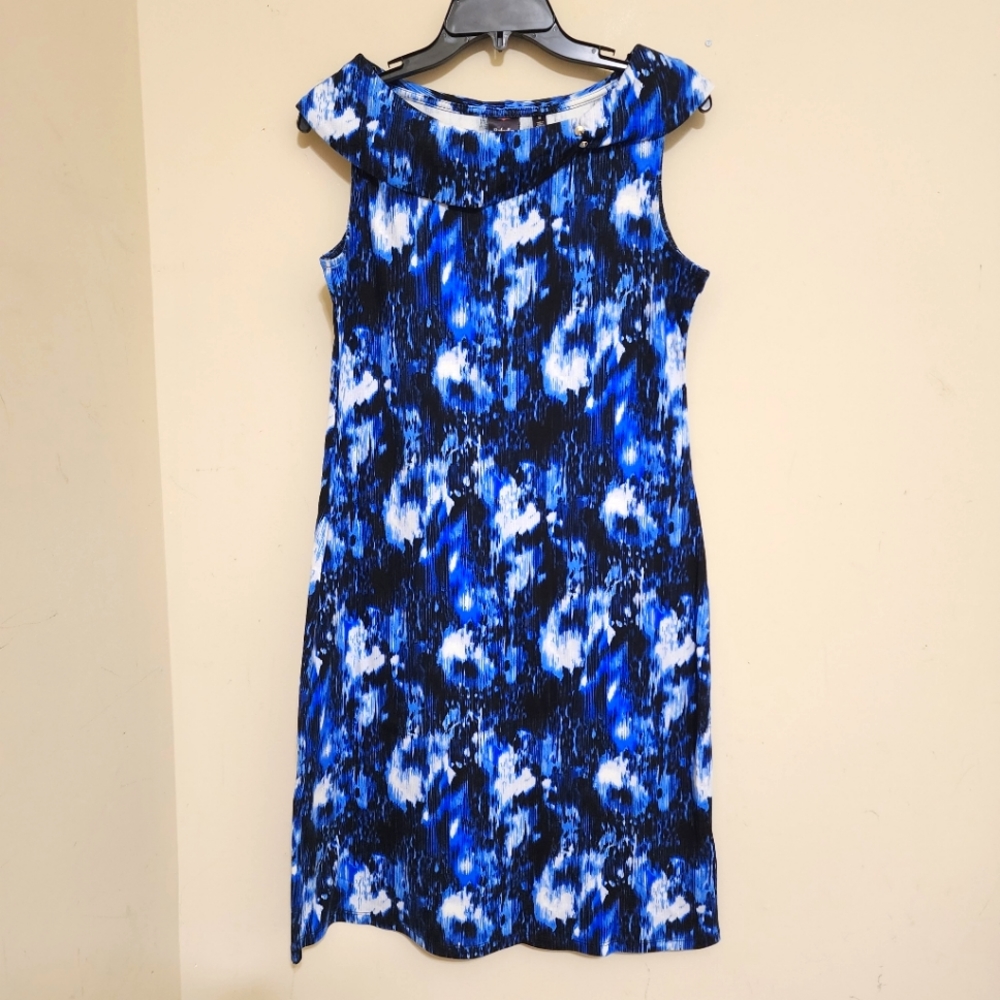 RAFAELLA size Medium Sleeveless Wide Collar Abstract Shift Dress‎ Blue - Picture 7 of 14